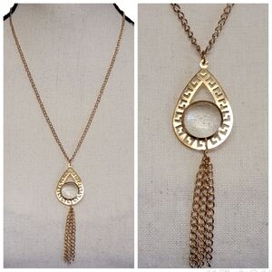 Faux‎ Crystal Teardrop Pendant Necklace 22" Tassel Gold Tone Statement Ethnic